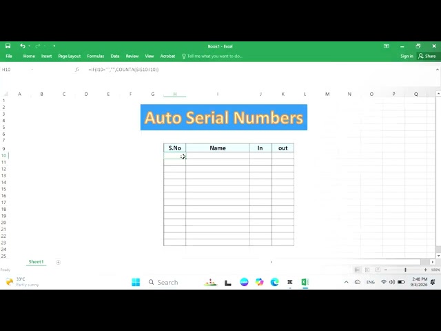 Auto Serial Number in Excel Using COUNTA Formula | Automatic Serial Number