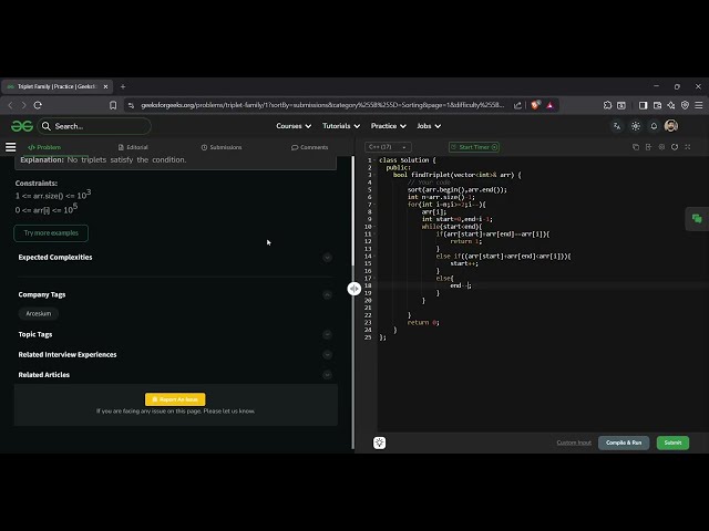 Triplet Family | GFG Solution in C++ | GeeksforGeeks Sorting Problem | Using Two Pointer
