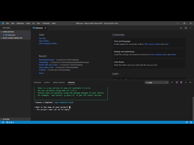 React native Tutorial Installing Dependencies - Expo - Visual Code