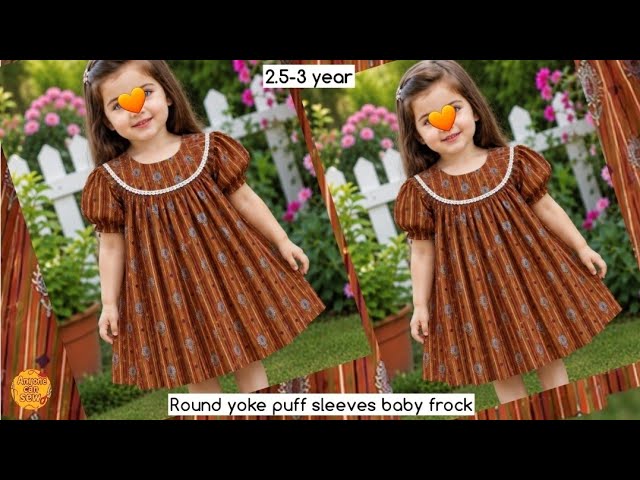 How to sew round yoke baby frock with puff sleeves | Round yoke baby frock cutting and stitching 
