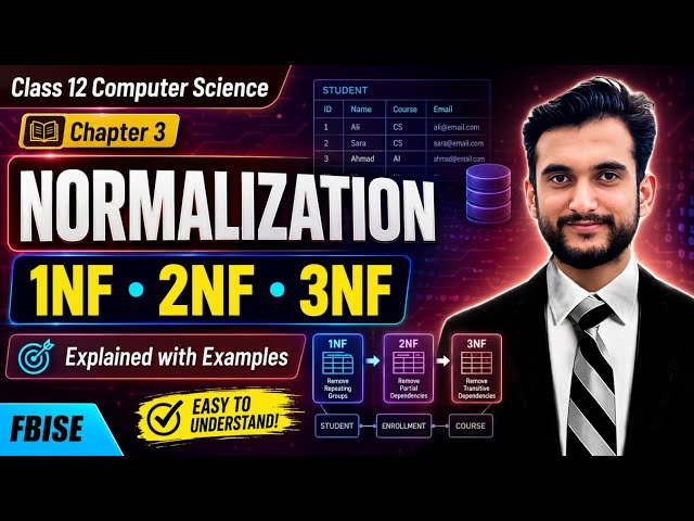 Class 12 Computer Science Chapter 3: Normalization (1NF, 2NF, 3NF) Explained with Examples | FBISE