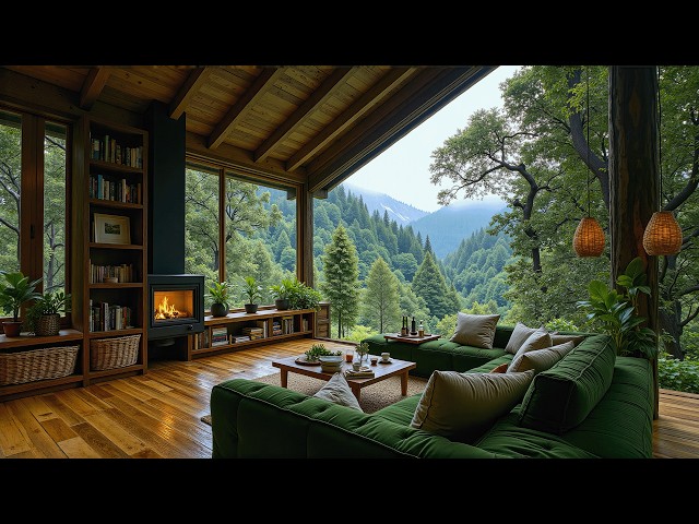 Mountain View Porch Jazz ☕ Cozy Fireplace, Coffee & Peaceful Forest Vibes for a Gentle Morning