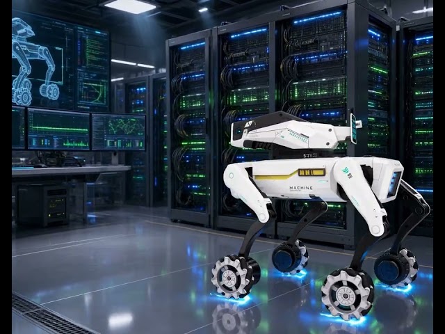 Robot dog working in a computer AI lab playing with the touch screen monitor white with armor 