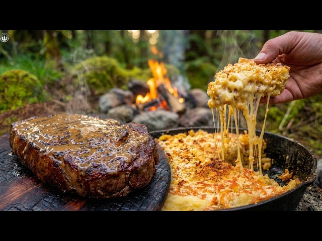 STEAK and MAC & CHEESE Pie over the Camp Fire | Deep Forest Cooking