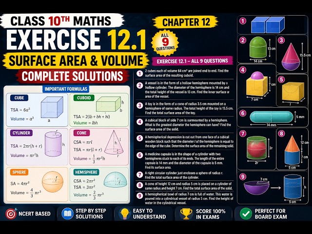 Class 10 Maths Chapter 12 Exercise 12.1 | Surface Areas & Volumes | All 9 Questions Solved | NCERT