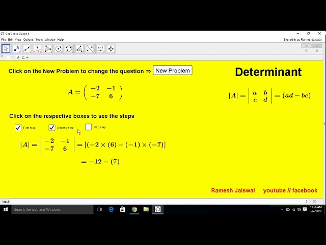 how to construct determinant 2 by 2  matrix   use GeoGebra