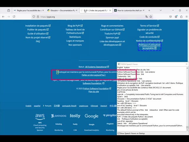NVDA reading French documentation with mixed English content