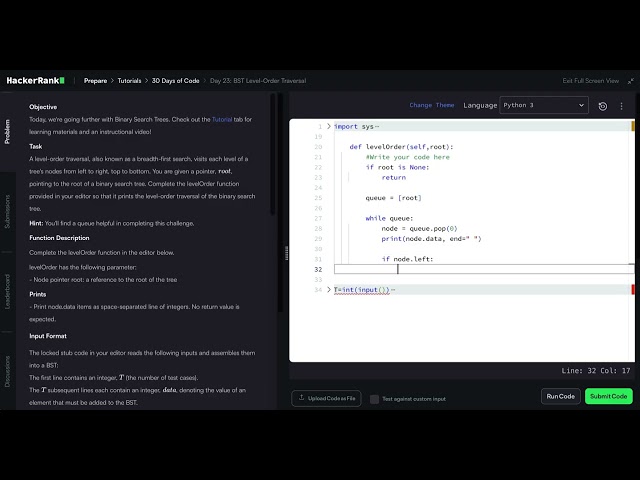 HackerRank Python 30 Days of Code - Day 23: BST Level-Order Traversal