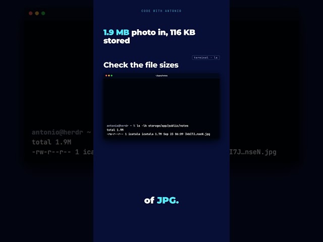 1.9 MB photo in, 116 KB stored · Laravel #Shorts