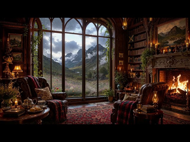 Cozy Highland Cottage Glen Library 🏔️: Rainy Day, Celtic Fiddle & Fire | Dark Academia Solitude
