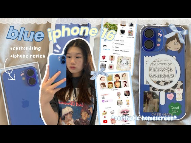 🥯🫐 CUSTOMIZING MY BLUE IPHONE 16 | aesthetic homescreen, case decor, what’s on my iphone + review