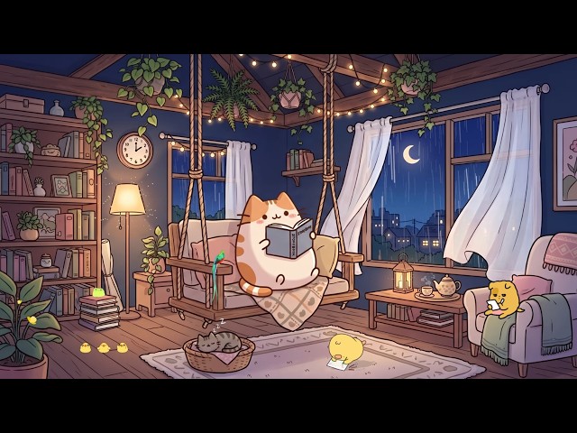 Mochi's Lofi Rain Swing Reading Night 🌧️ Gentle Lofi Vibes 🌙 Relaxing Beats for Study, Sleep & Peace