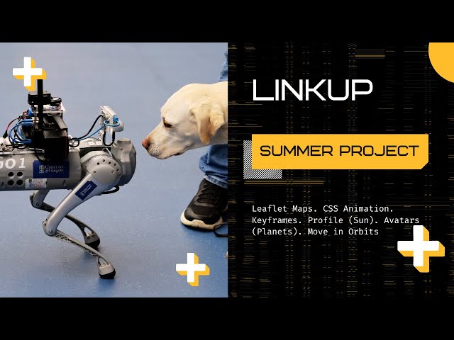 LinkUp App. Leaflet Maps. CSS Animation. Keyframes. Profile (Sun). Avatars (Planets). Move in Orbits