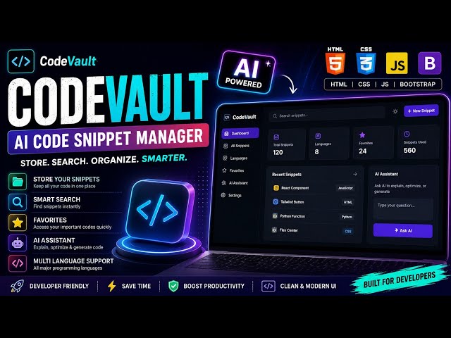 CodeVault – AI Code Snippet Manager 🚀 | HTML CSS JS Bootstrap Project