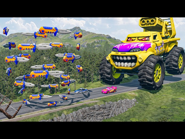 Giant MACK TRUCK VS Cars Lightning McQueen & Police Car & Giant Knife Downhill Race - Beamng.Drive