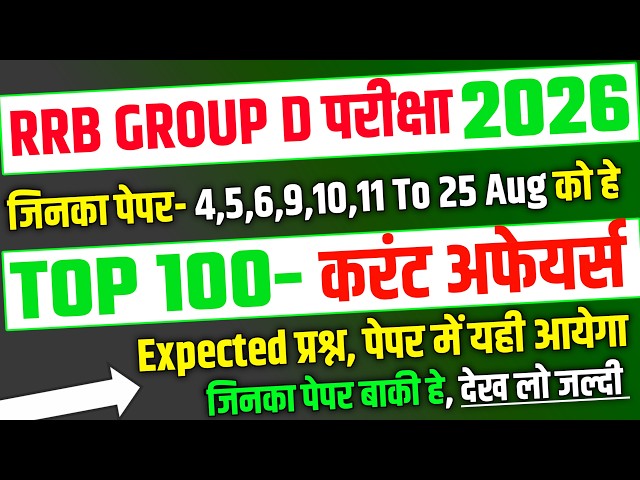 RRB Group D 2026, Top 100 Current Affairs Expected Question Paper | RRB Group D Exam Analysis 2026