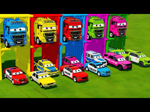 TRANSPORTING POLICE CARS, AMBULANCE, FIRE TRUCK, COLORFUL CARS WITH BIG TRAIN -FARMING SIMULATOR 22!