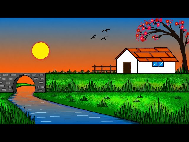Beautiful Sunset Village Landscape Drawing in MS Paint | Easy Scenery Art Step by Step
