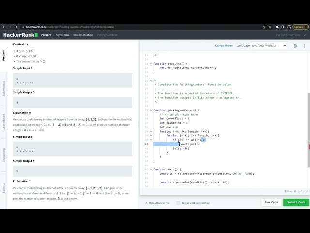 Hackerrank Algorithm Solution - Picking Numbers (Javascript)