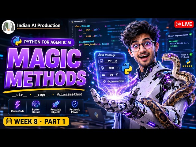 Python Magic Methods Explained Simply — __str__, __repr__ & @classmethod (Hindi)  Agentic AI 🔴 W8·P1
