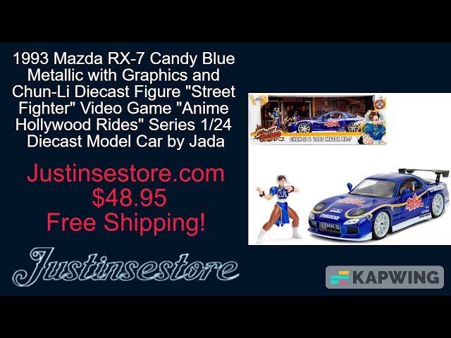 1993 Mazda RX-7 Candy Blue Metallic with Graphics and Chun-Li Diecast Figure "Street Fighter"