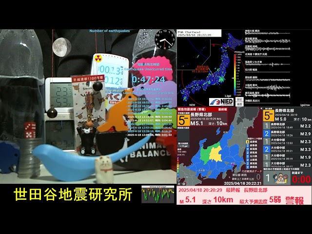 2025/4/18 20:20 長野県北部で地震 🔴震度5弱 深さ10km M5.1警報 Earthquake in northern Nagano Prefecture Japan