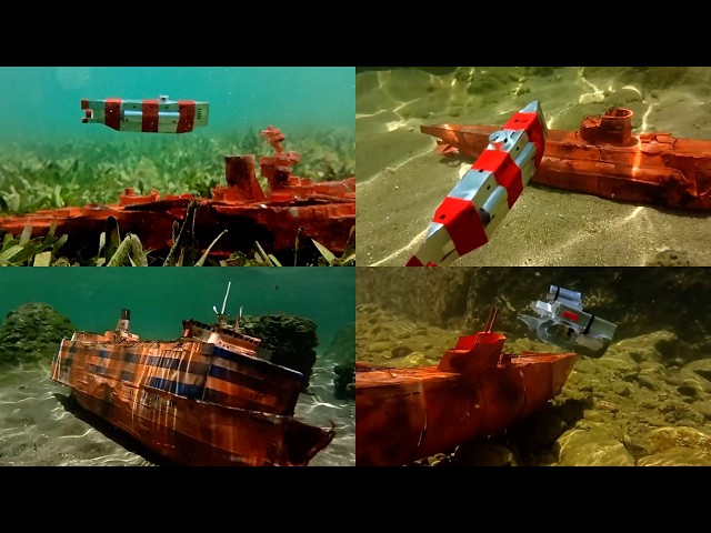 Scale models of sunken ships and submarines, bathyscaphes exploring the wrecks, underwater footage