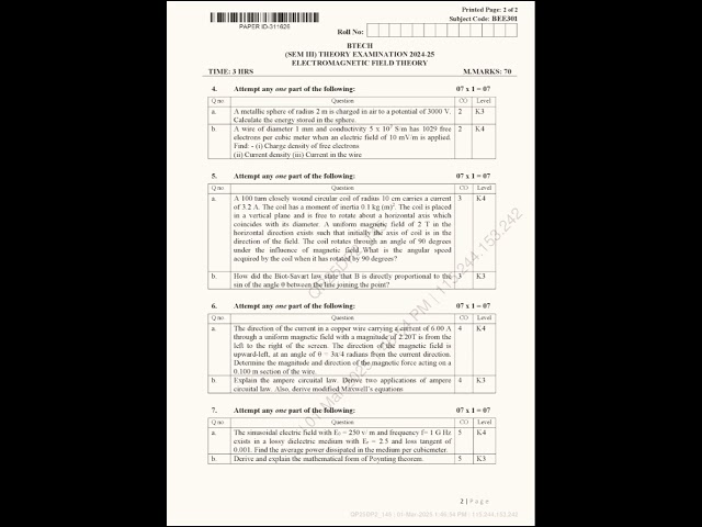 BEE-301 Electromagnetic field Theory 3rd Sem Question paper Aktu 2024-25