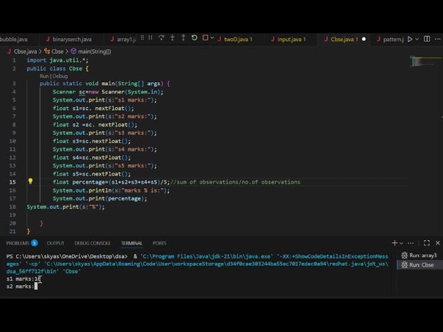 5 subjects avg Mark's in java. Using system.in java class #java #code #codewithharry #subscribe 