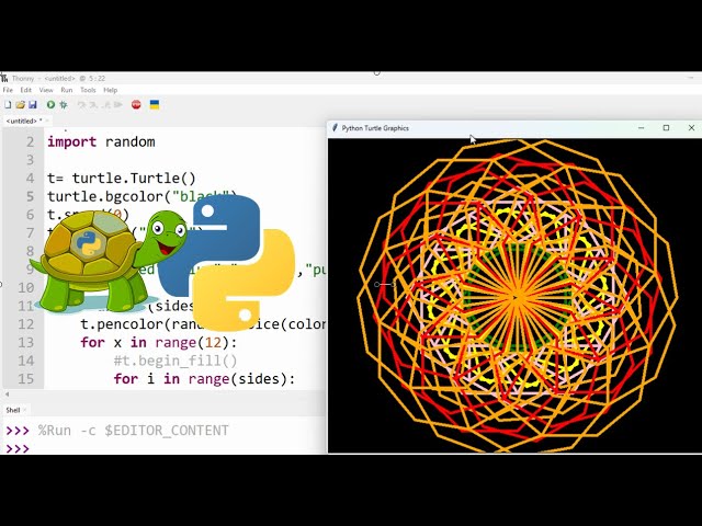 تعلم عمل رسومات هندسية متداخله باستخدام مكتبة turtle في بايثون خطوه خطوه باستخدام برنامج Thonny