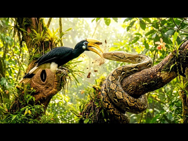 Trapped Inside Her Own Nest! Python vs Hornbill Mother