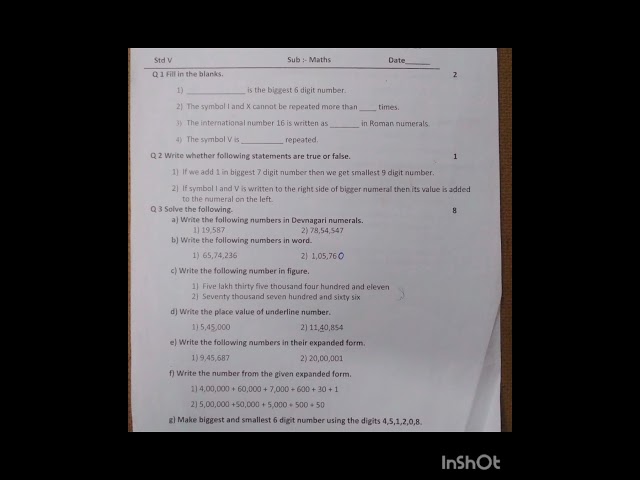 Class 5 Maths Assessment # Class 5 Maths first Unit Test paper# class 5 unit test model paper