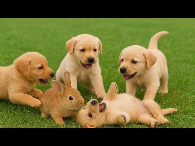 🌼🐶 Cute Baby Puppies Playing Happily with Rabbit – Relaxing Dog Sounds & Joyful Moments!