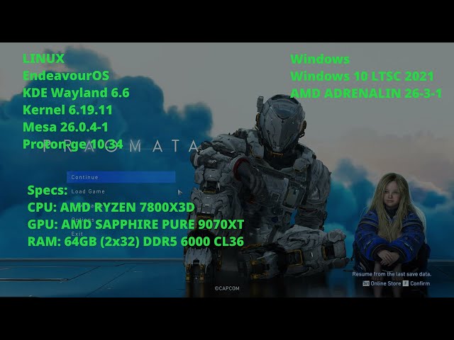 Pragmata AMD 9070 XT Benchmarks Linux vs Windows 4K and 1440p