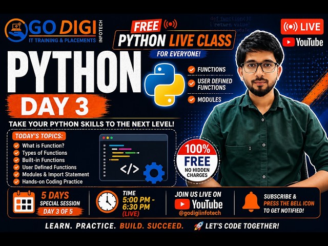 🔴 FREE Python Live Class | Day 3 | Functions & Modules | Python for Beginners | Live Coding 🐍