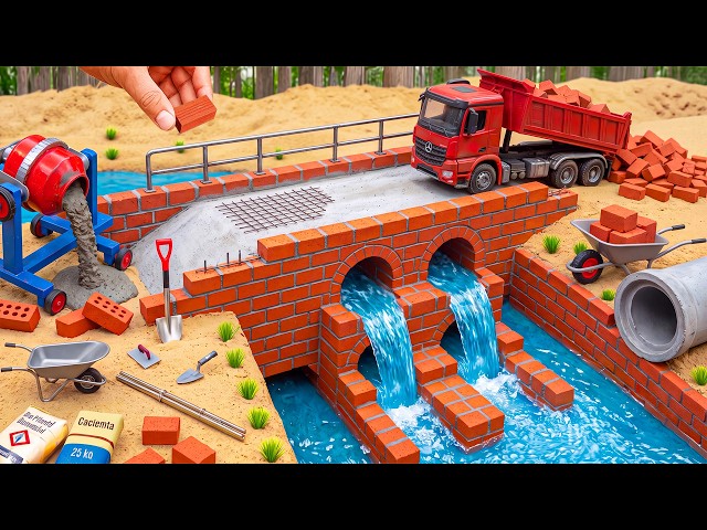 DIY Mini Tractor Builds Incredible Twin Culvert Bridge from Bricks | Construction Science Project