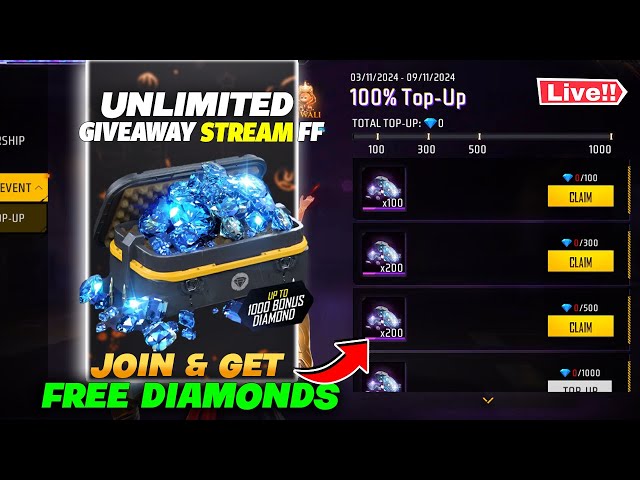 Double Diamonds Giveaway Event Free Fire | Unlimited Diamonds Giveaway Stream Free fire