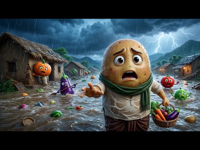 🥔🌊 Potato's Struggle in the Flood | Vegetable Cartoon Story | Vegetable Cartoon Tale | Bangla Mor...