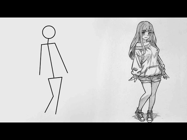 How to draw anime girl full body out of stickman | drawing tutorial for beginners