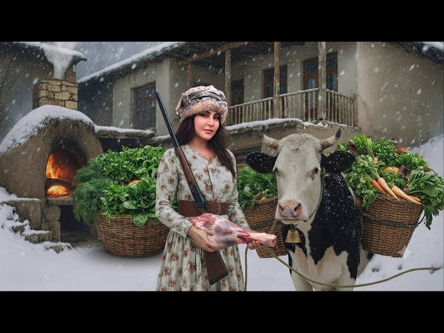 Nomadic life during a harsh, snowy winter! Cooking Ghormeh Sabzi stew in the village! 