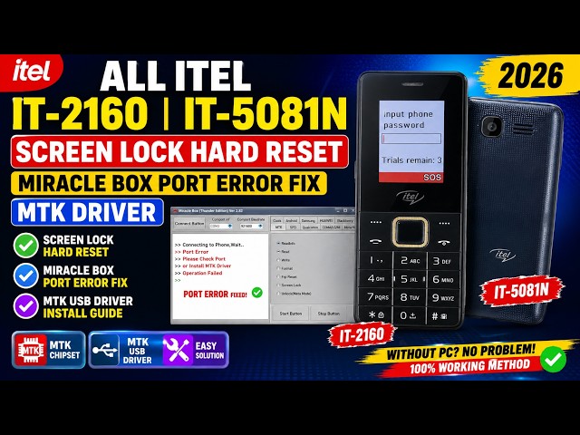 Fix Port Error Itel it-2160 Moble Button Factory Reset Screen Lock MTK Miracle Box Port Error