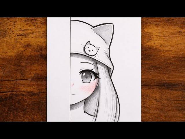 Easy Anime Drawing | How to Draw a Girl with a Cat Beanie | Step-by-Step 