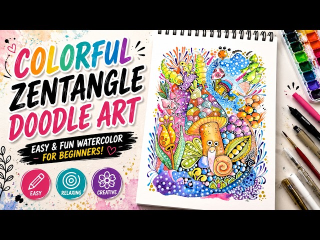 Colorful Watercolor Zentangle Mushroom Garden Art | Relaxing Doodle Painting Tutorial