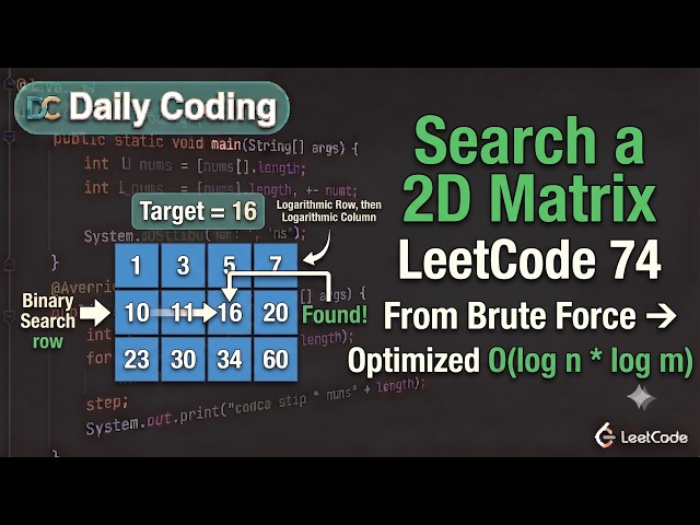 🚀 LeetCode 74 | Search a 2D Matrix | Brute Force to O(log(m*n)) Binary Search | Java #dsa #coding