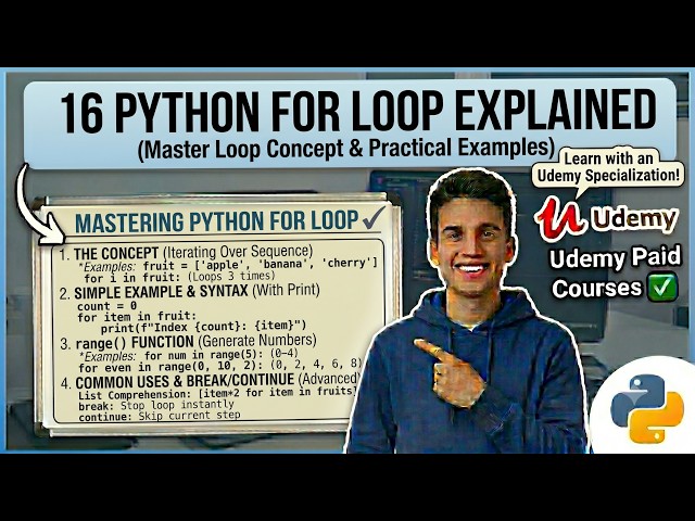 16 Python for Loop Explained | for Loop in Python for Beginners | Udemy Paid Courses ✅