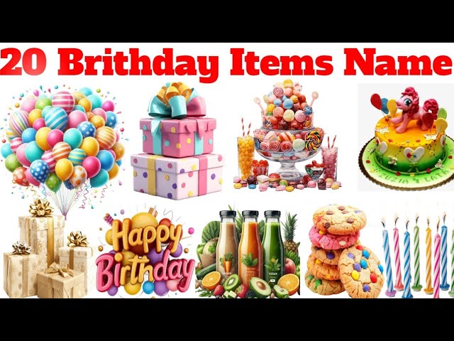 20 Birthday Items Names For Kids | Learn Birthday Items Names In Hindi & English 🎁🎈🎂🥳 | Birthday
