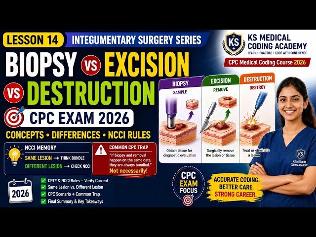 Biopsy vs Excision vs Destruction | Integumentary Surgery | CPC Exam| Medical Coding Course 2026