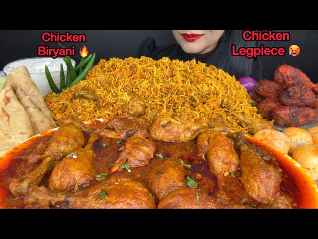 ASMR EATING CHICKEN BIRYANI,HYDERABADI CHICKEN CURRY,CHICKEN LEG PIECE,RAITA,CHICKEN FRY,PARATHA