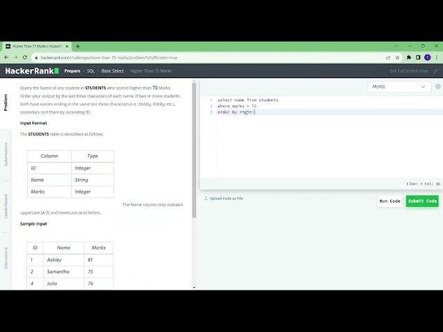 Hackerrank SQL solutions  (Higher Than 75 marks)- Level Easy Tamil