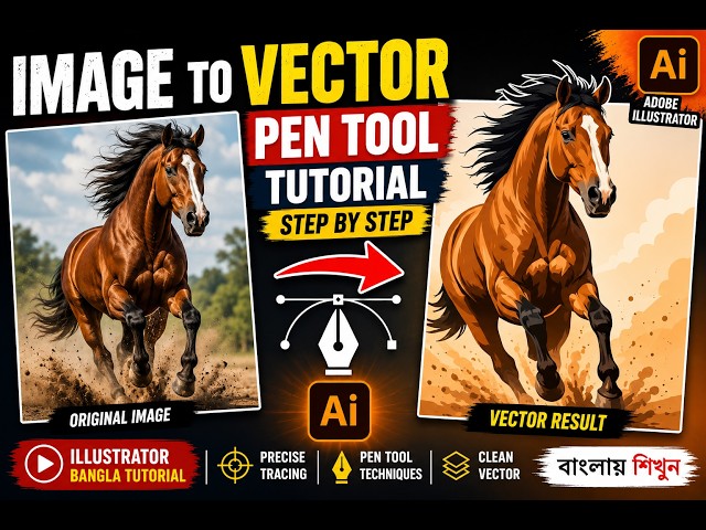 Adobe Illustrator Pen Tool Tutorial  Image to Vector Shape Design Step by Step  Beginner to Advanced